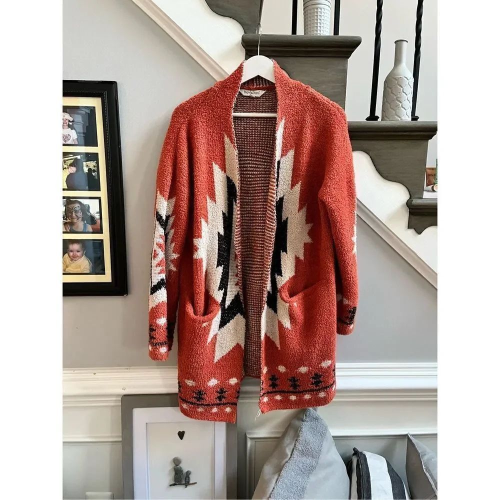 Davi & Dani Rust Southwestern Blanket Style Teddybear Feel Cardugan Sweater sz S